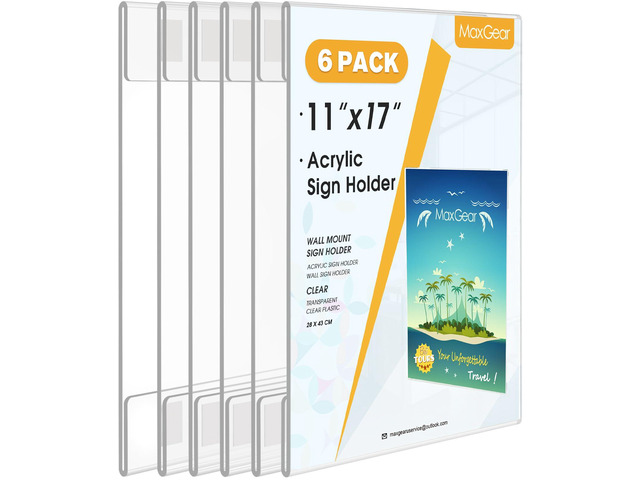 Acrylic Sign Holder 11 x 17 Wall Mount with Tape, 6 Pack, Vertical Strong Double-Sided Tape, Easy Insert and Replace Paper, Poster, Document and...