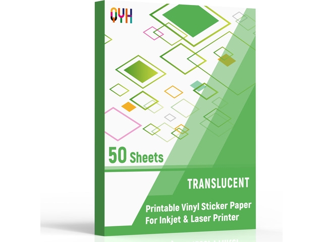 Premium Translucent Printable Vinyl Sticker Paper, 50 Sheets Frosted Waterproof Decal for Inkjet & Laser Printers, Compatible with Cricut, Fast Dry...
