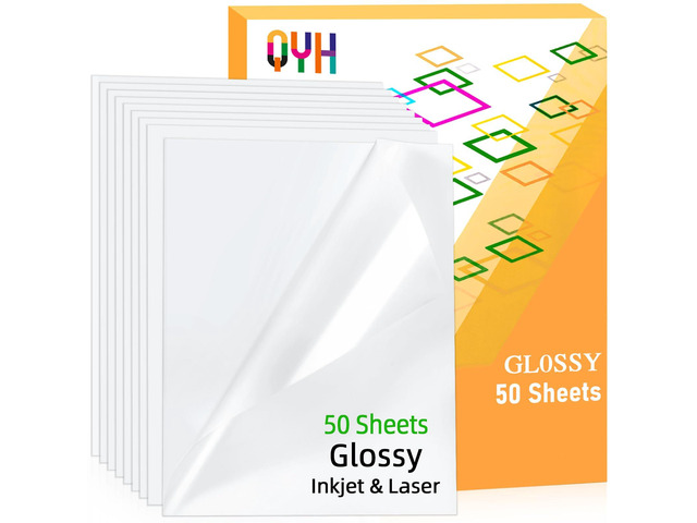 Premium Glossy Printable Vinyl Sticker Paper, 50 Sheets Waterproof White Sticker Paper for Inkjet & Laser Printer, Vivid Prints, Compatible with...