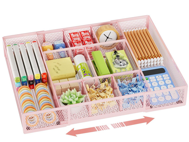 Expandable Desk Drawer Organizer, Mesh Tray with 10 Adjustable Compartments, Desk Organizers for Office Supplies, Makeup & Vanity (Expandable-Pink)