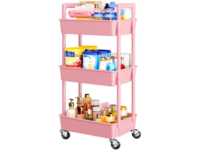 3 Tier Rolling Cart Organizer, Plastic Rolling Cart with Lockable Wheels & Reinforced Handle, Lightweight Utility Storage Cart for Nursery,...