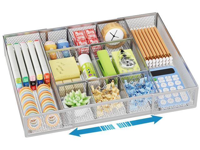 Expandable Desk Drawer Organizer, Mesh Tray with 10 Adjustable Compartments, Desk Organizers for Office Supplies, Makeup & Vanity (Expandable-Silver)
