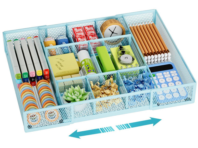 Expandable Desk Drawer Organizer, Mesh Drawer Organizer Tray with 10 Adjustable Compartments, Desk Organizers and Accessories for Office Supplies,...