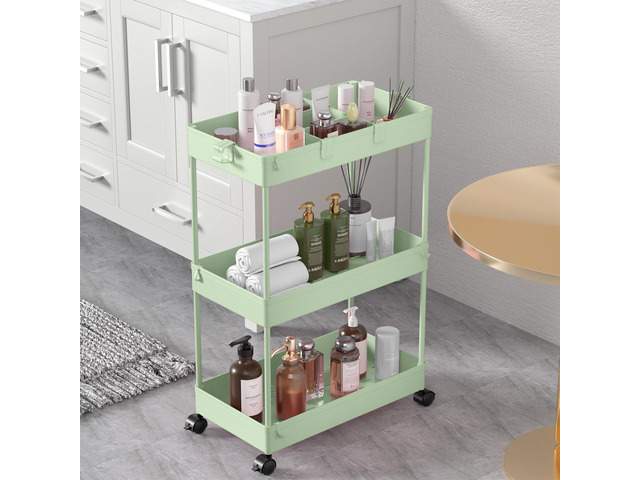 3 Tier Rolling Cart with Wheels, Storage Craft Art Trolley Organizer Serving, 3 Hanging Baskets Easy Assembly, for Office, Living Room, Kitchen, Green