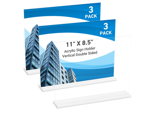 3 Pack Acrylic Sign Holder 11 x 8.5 Horizontal, Double-Sided Clear Sign Holder Plastic Stands for Display, T Shape Acrylic Table Sign Stands for...