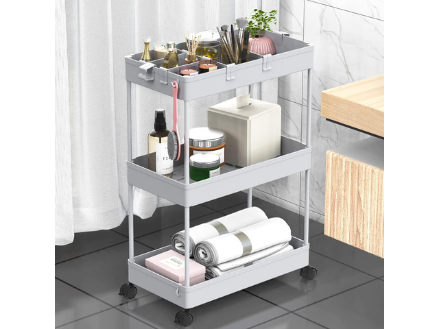 3 Tier Rolling Cart with Wheels, Storage Craft Art Trolley Organizer Serving, 3 Hanging Baskets Easy Assembly, for Office, Living Room, Kitchen, Gray