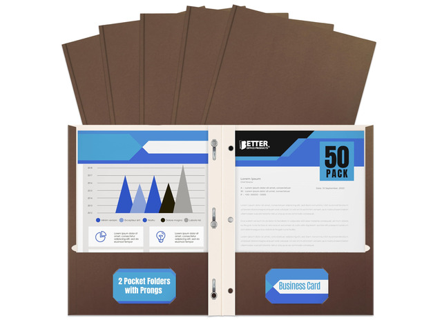Brown Paper 2 Pocket Folders with Prongs, Matte Texture, Letter Size Paper Folders, 50 Pack, with 3 Metal Prong Fastener Clips, Brown