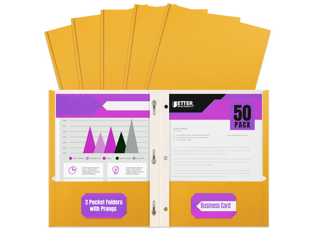 Dark Yellow 2 Pocket Folders with Prongs, 50 Pack, Letter Size, Matte Texture, 8.5 x 11 Inch