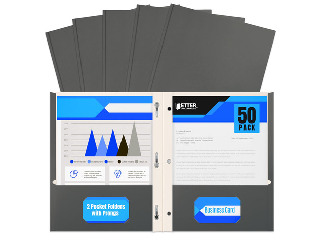Gray Paper 2 Pocket Folders with Prongs, Matte Texture, Letter Size Paper Folders, 50 Pack, with 3 Metal Prong Fastener Clips, Gray