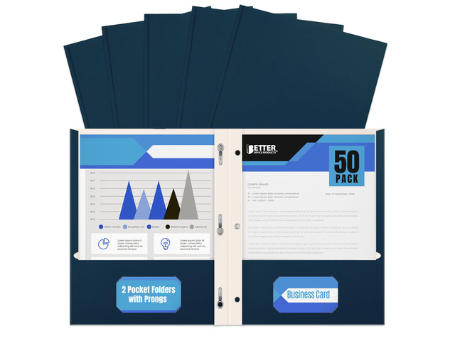 Navy Blue Paper 2 Pocket Folders with Prongs, 50 Pack, Matte Texture, Letter Size Paper Folders, 50 Pack, with 3 Metal Prong Fastener Clips, Dark Blue