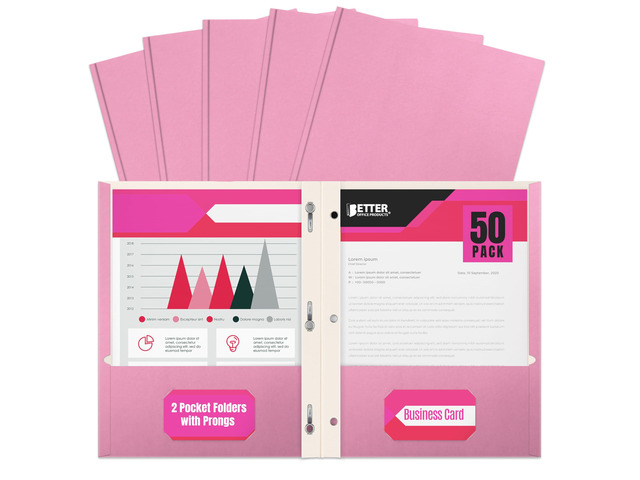 Pink Paper 2 Pocket Folders with Prongs, 50 Pack, Matte Texture, Letter Size Paper Folders, 50 Pack, with 3 Metal Prong Fastener Clips, Pink