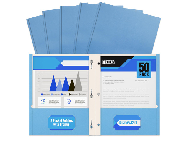 Light Blue Paper 2 Pocket Folders with Prongs, 50 Pack, Matte Texture, Letter Size Paper Folders, 50 Pack, with 3 Metal Prong Fastener Clips, Light...