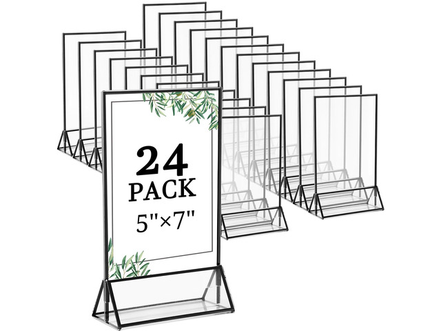 24 Pack 5x7 Inch Clear Acrylic Sign Holders, Double-Sided Black Display Stand Picture Frames for Table Numbers, Menus, Flyers, Weddings, and Offices