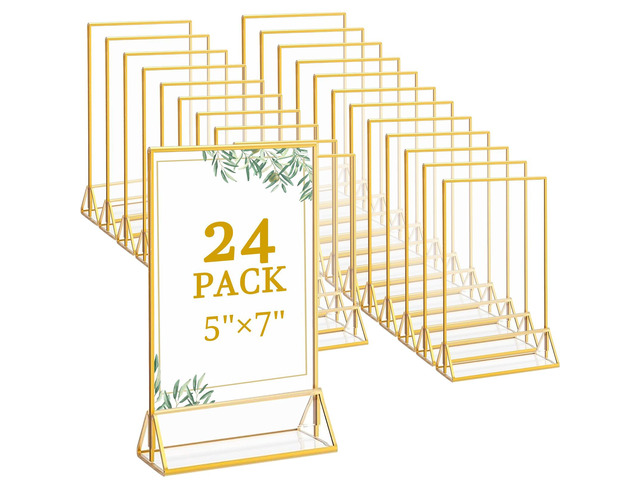 24 Pack 5x7 Inch Clear Acrylic Sign Holders, Double-Sided Gold Display Stand Picture Frames for Table Numbers, Menus, Flyers, Weddings, and Offices