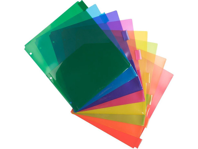 Plastic Index 8-Tab Dividers w/Double Pockets - 9 3/4 x 11 1/2 - Assorted Multi-Color - 2 Packs of 8 Tabs/Set