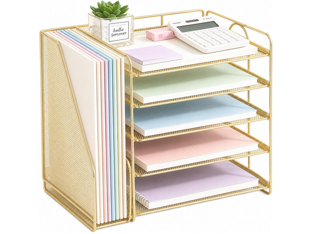 Desk Organizer, 5-Tier Paper Organizer Letter Tray, Gold Desk Organizers and Accessories, Office Desk Accessories & Workspace Organizers, Desktop...
