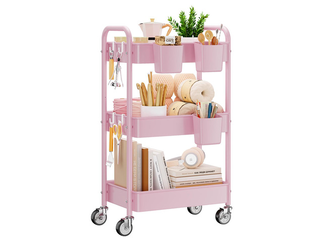 3 Tier Rolling Cart, Heavy Duty Metal Utility Cart with Wheel Pink Sturdy Rolling Storage Cart With Hooks & Hanging Cups, Great For Craft, Art...