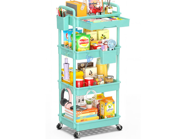 4 Tier Rolling Cart with Drawer, Craft Storage Cart Organizer, Blue Bathroom Storage Organizer with 2 Lockable Wheels, Rolling Utility Cart for...