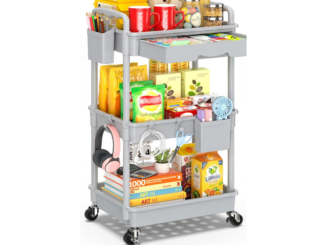 3 Tier Rolling Cart with Drawer, Craft Storage Cart Organizer, Gray Bathroom Storage Organizer with 2 Lockable Wheels, Rolling Utility Cart for...