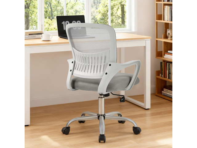 Computer Desk Chair, Mesh Office Chair, Lumbar Support, Grey Ergonomic Mid-Back, Adjustable Height, 360° Swivel Wheels, Comfy Arms, Bedroom Study,...