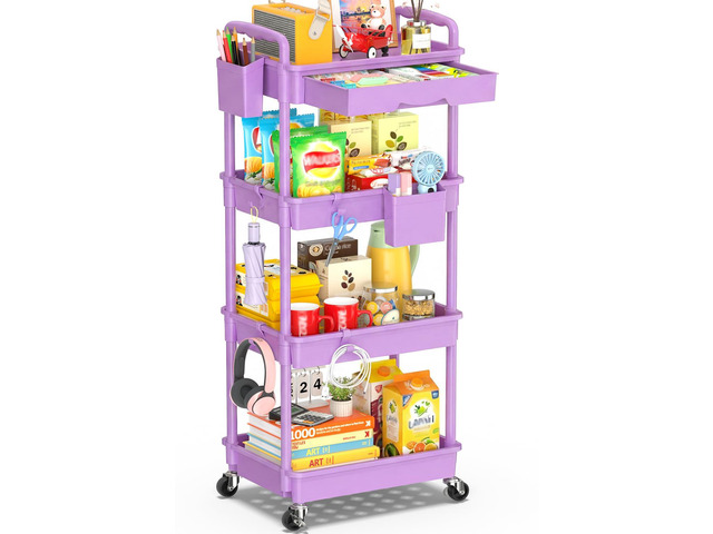 4 Tier Rolling Cart with Drawer,Craft Storage Cart Organizer,Purple Bathroom Storage Organizer with 2 Lockable Wheels, Rolling Utility Cart for...