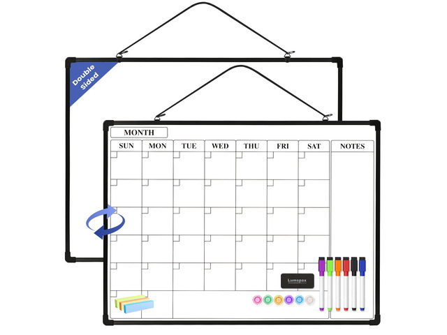 Monthly Whiteboard Calendar for Wall, 24' x 18' Dry Erase Board with Plastic Frame, Hanging Dry Erase Calendar with 3 Mini Sticky Notes for Kitchen...