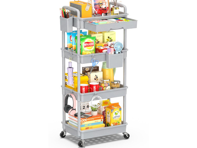 4 Tier Rolling Cart with Drawer, Craft Storage Cart Organizer, Gray Bathroom Storage Organizer with 2 Lockable Wheels, Rolling Utility Cart for...