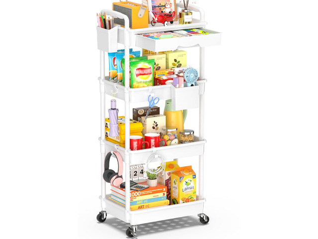 4 Tier Rolling Cart with Drawer, Craft Storage Cart Organizer,White Bathroom Storage Organizer with 2 Lockable Wheels, Rolling Utility Cart for...