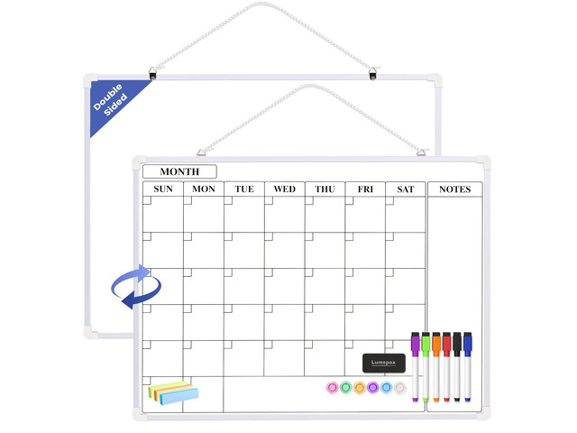 Monthly Whiteboard Calendar for Wall, 24' x 18' Dry Erase Board with Plastic Frame, Hanging Dry Erase Calendar with 3 Mini Sticky Notes for Kitchen...