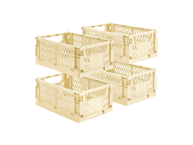 4-Pack Collapsible Plastic Storage Baskets, Yellow, 9.8'x6.5'x3.8' Pastel, Space-Saving, Collapsible Plastic Bins, Cute Mini Storage Crates, for...