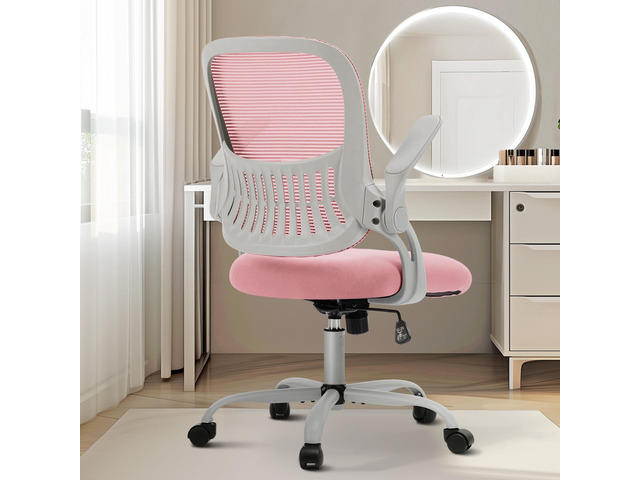 Home Office Chair, Mesh Office Chair, Lumbar Support, Pink Adjustable Height, 360° Swivel Wheels, Mid-Back, Comfy Flip-up Arms for Small Space,...