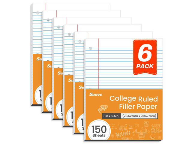 Loose Leaf Paper, 900 Sheets, 6 Pack College Ruled Paper, 8 x 10-1/2 Inch Filler Paper, 3 Hole Punch Binder Paper, Loose Leaf Notebook Paper, 150...
