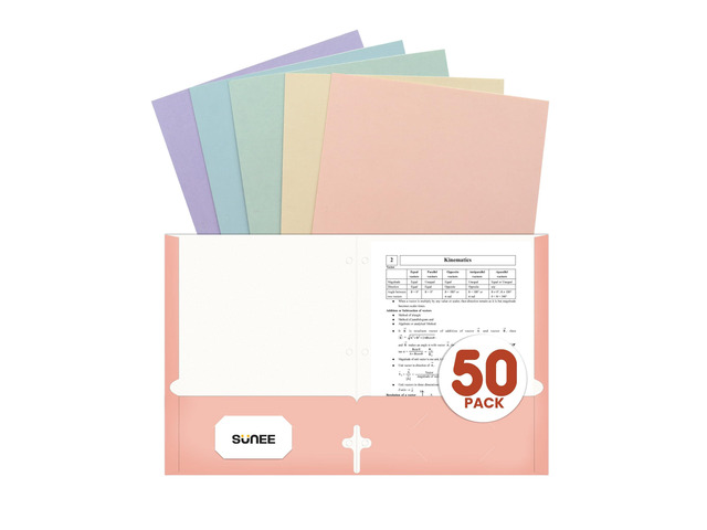 Folders with Pockets 3 Hole Punched(50 Pack, Pastel Colors), 2 Pocket Folders Fit Letter Size Paper, Paper File Folder for School Office Home Business