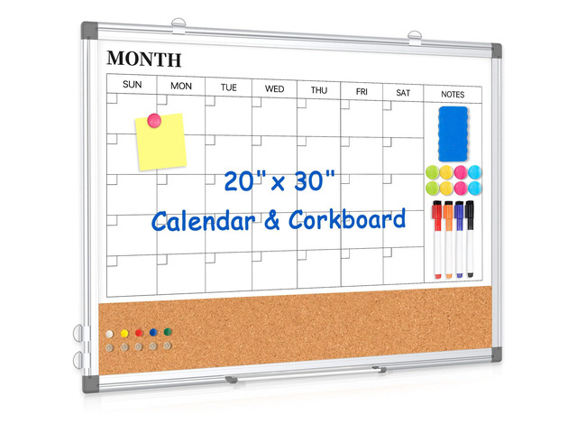 Dry Erase Calendar Whiteboard for Wall, 30' x 20' Monthly Cork White Board Double-Sided Magnetic, Calendar Cork Whiteboard Combo, Aluminium Frame,...