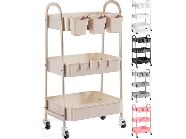 3 Tier Khaki Metal Utility Rolling Cart, Storage Cart with Lockable Wheels Multifunctional Organizer Trolley with Mesh Storage Baskets and Handle...