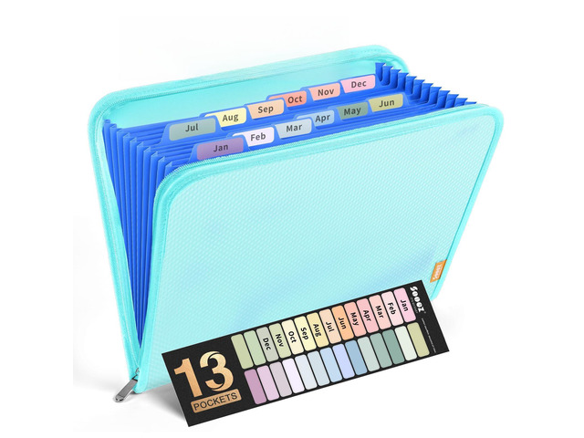 13 Pocket Accordion File Organizer, Zipper Expanding File Folder A4 Reinforced Plastic Accordion Folder Organizer, A4 Letter Size, Portable Folders...