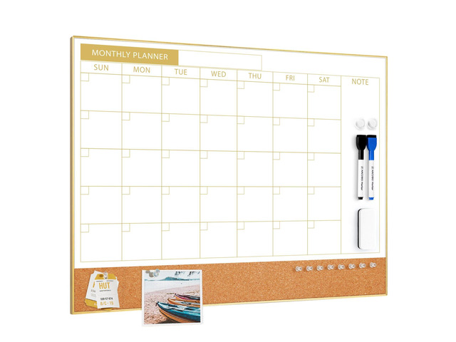Dry Erase Calendar Whiteboard Cork Board Combo 24'x18' Magnetic White Board Calendar Dry Erase for Wall, Gold Frame Monthly Combination Board for...