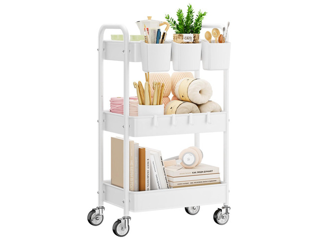 3 Tier Rolling Cart, Heavy Duty Metal Utility Cart with Wheel White Sturdy Rolling Storage Cart With Hooks & Hanging Cups, Great For Craft, Art...