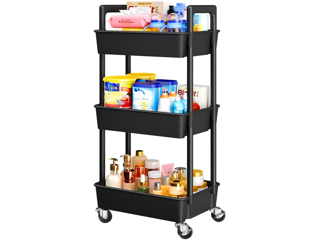 3 Tier Rolling Cart Organizer, Plastic Rolling Cart with Lockable Wheels & Reinforced Handle, Lightweight Utility Storage Cart for Nursery,...