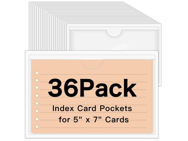 36 Pack Adhesive Index Card Pockets 5 x 7, Clear Top-Loading Holders Clear Pvc, Removable Adhesive, Fits Bins/Shelves/Totes, Protects Cards From...