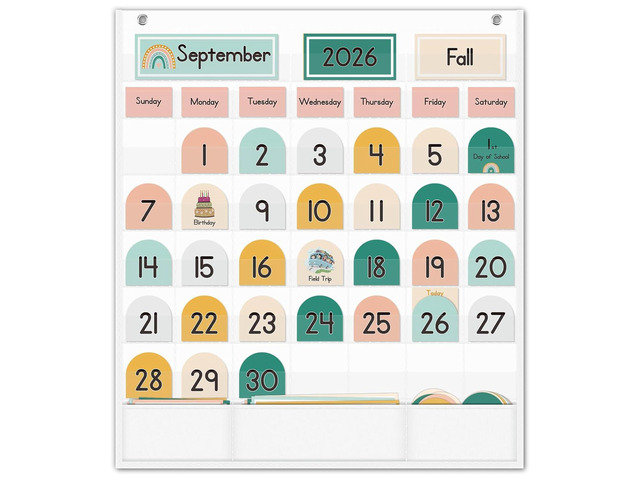 Boho Calendar Pocket Chart with 90 Cards for Kids Learning,Classroom and Home School Décor,White