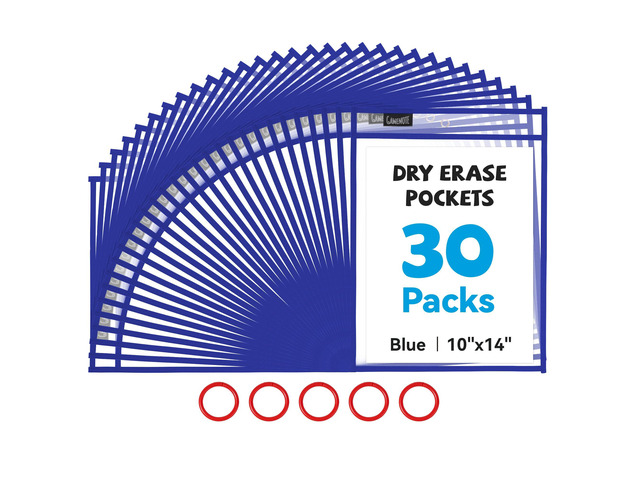 30 Pack Dry Erase Pockets, 10x14 Reusable Sleeves, Blue 30 reusable PVC pockets hold 8.5 x 11 and 9 x 12 sheets; double sided wipe clean surfaces,...