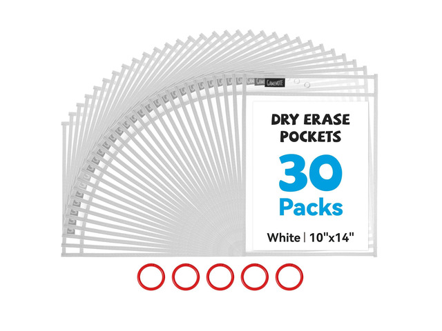 30 Pack White Dry Erase Pockets, 10x14 Reusable Sleeves 30 reusable PVC pockets hold 8.5 x 11 and 9 x 12 sheets; double sided wipe clean surfaces,...