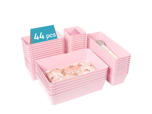44 PCS Plastic Drawer Organizers Set, Vanity Organizer Trays, Pink 4-Size Versatile Makeup Organizer, Non-Slip Storage Containers for Makeup,...