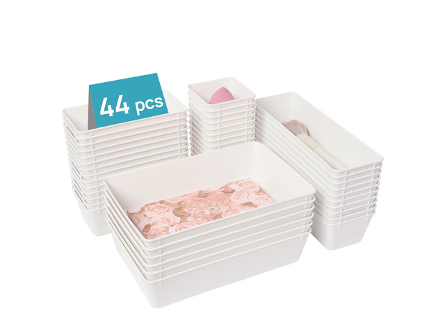 44 PCS Plastic Drawer Organizer Set, Vanity Organizer Trays, White 4-Size Versatile Makeup Organizer, Non-Slip Storage Containers for Makeup,...