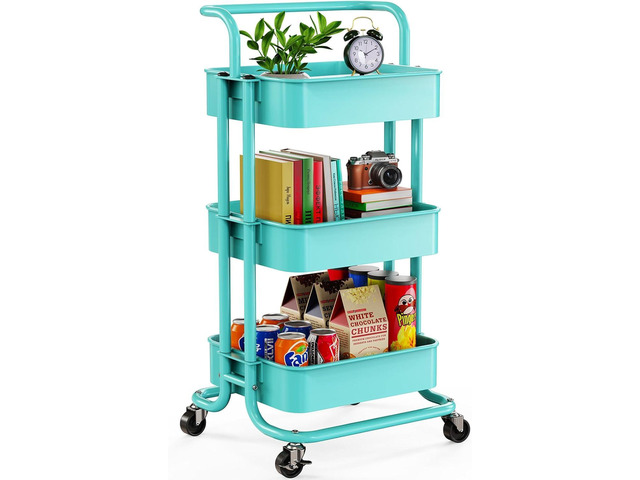 Metal 3 Tier Rolling Cart with Handle & Wheels, Turquoise Four Large 2' Wheels for Easier Movement, Sturdy Metal, Hold 22 lbs per Shelf, Ventilated...