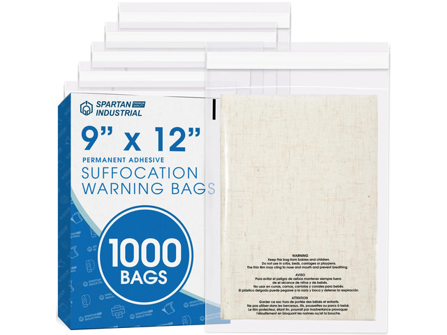9' X 12' (1000 Count) Self Seal Clear Poly Bags with Suffocation Warning for Packaging, T Shirts - Permanent Adhesive
