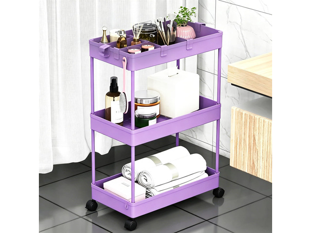 Slim Storage Cart 3 Tier,Bathroom Organizer Rolling Utility,Mobile Shelving Unit Slide Out for Office, Kitchen, Laundry Room & Narrow Places,Purple