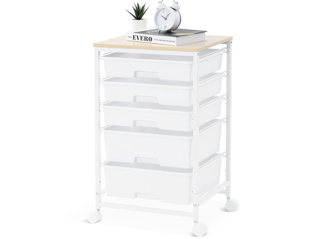 Rolling Cart with Drawers, 5 Drawers Utility Cart, Bright White 5-Tiers Storage Cart with Drawers with Wooden Top for Craft Organizers and...
