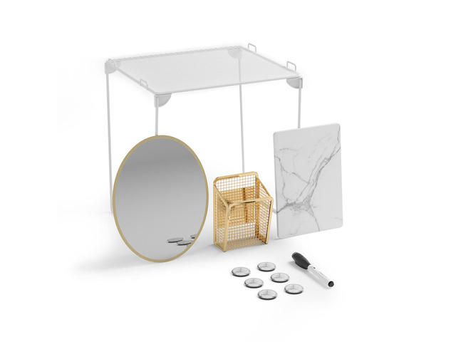 Magnetic Locker Organizer Kit with Decor, Gold 11 gold marble pieces stack a metal shelf, mirror, dry-erase board and magnets on any locker door